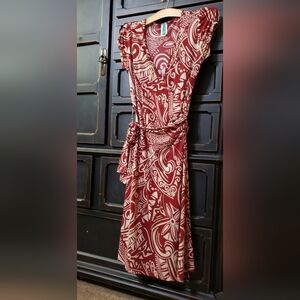 Jolie Red and Cream Printed Midi Wrap Dress